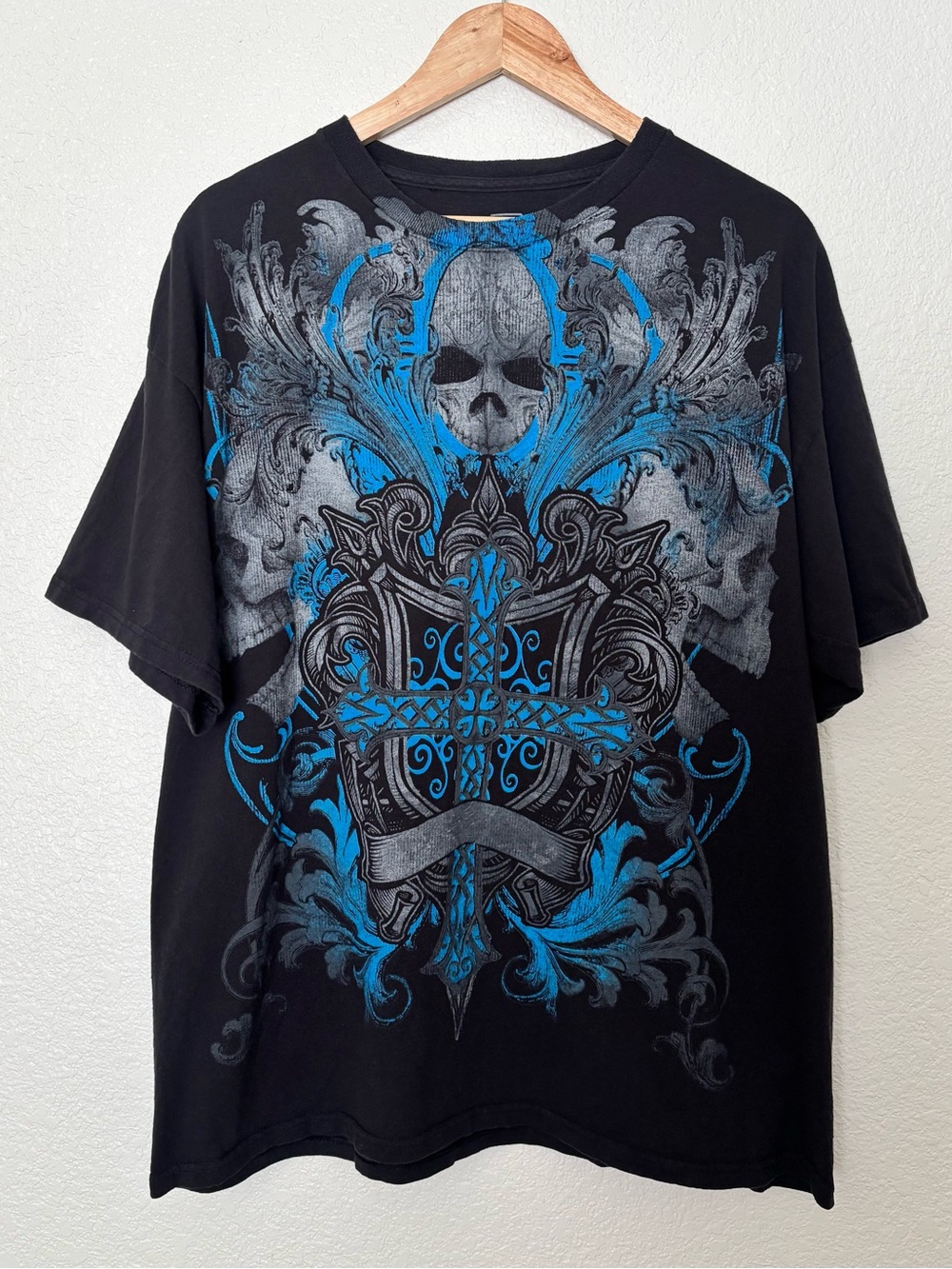 MMA Elite Y2K Skull Cross Graphic Tee XL Black Blue Gothic Grunge